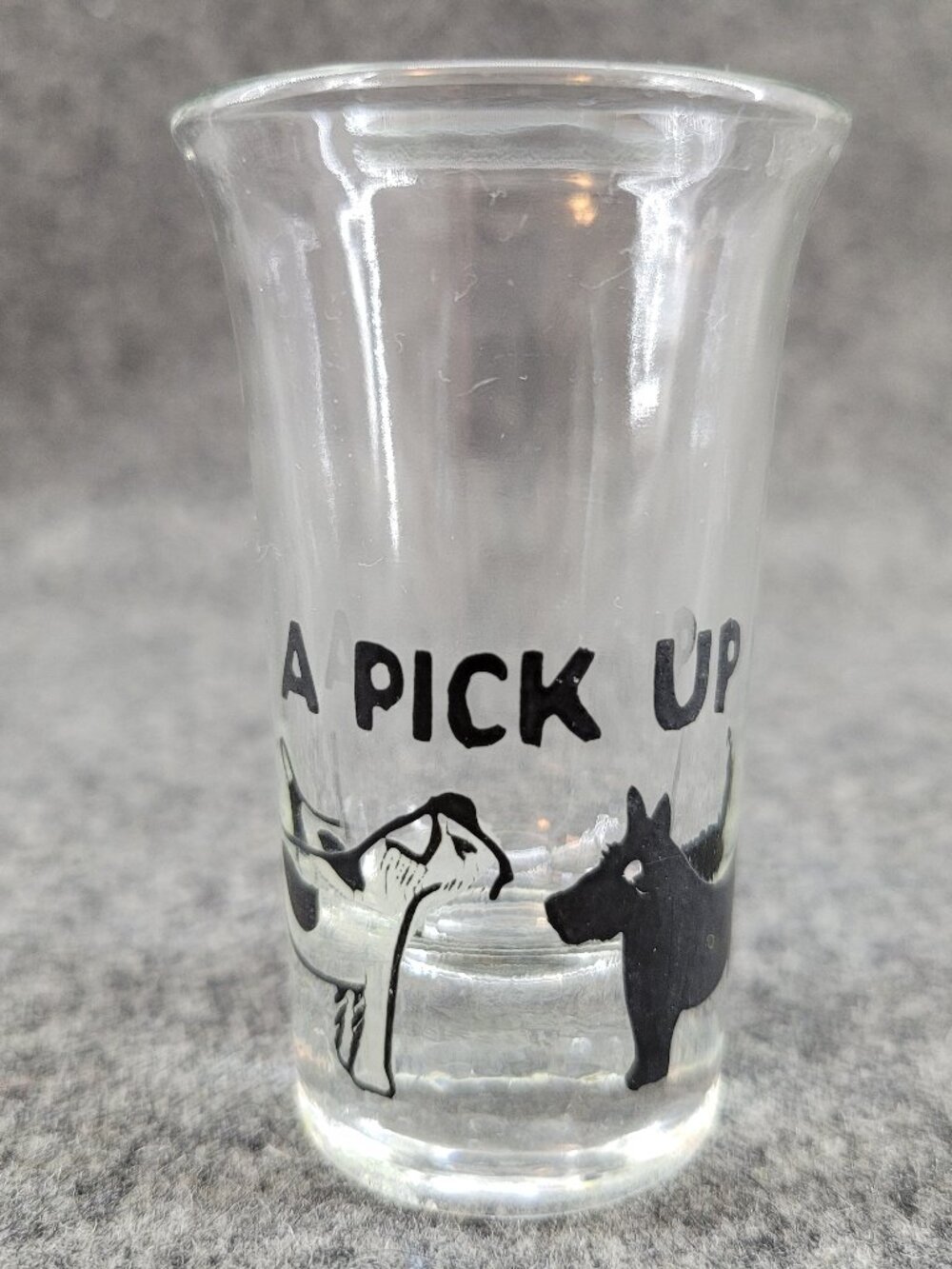 Vintage 3" Tall Shot Glass "A Pick Up" w/ Scottie Dog & Airedale Terrier Barware